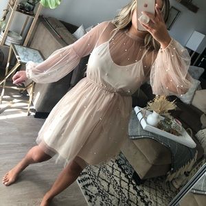 Nude Balloon Sleeve Pearl Dress